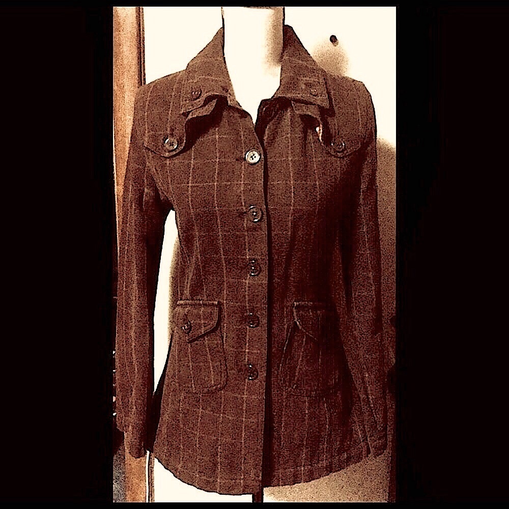 Brown Canvas Peacoat Jacket: Orange Checker Plaid Design, Button Down, Sz. S